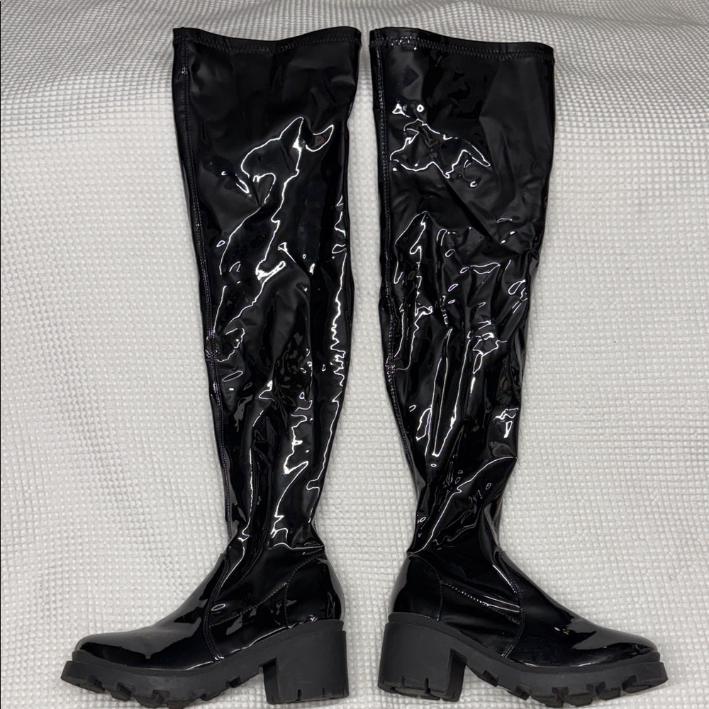 Liliana Black Patent Leather Over the Knee-High Boots - Size 7